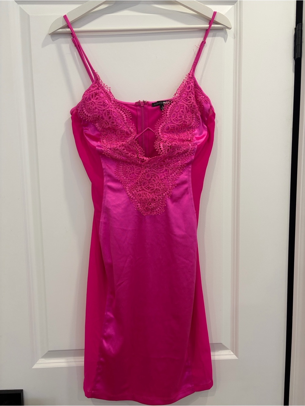 Fashion Nova Satin Lace Slip Dress in Hot Pink